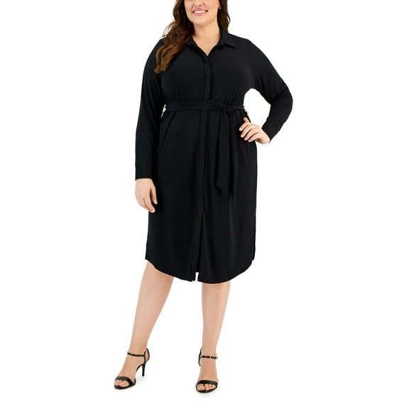 Plus Size Knit Shirt Dress Deep Black 1X