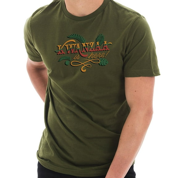 Plus Size Kwanzaa is Here Graphic Design Ring Spun Combed Cotton Short Sleeve Deluxe Jersey T-Shirt - Army Green XL