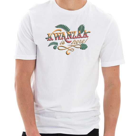 Plus Size Kwanzaa is Here Graphic Design Ring Spun Combed Cotton Short Sleeve Deluxe Jersey T-Shirt - White 2XL