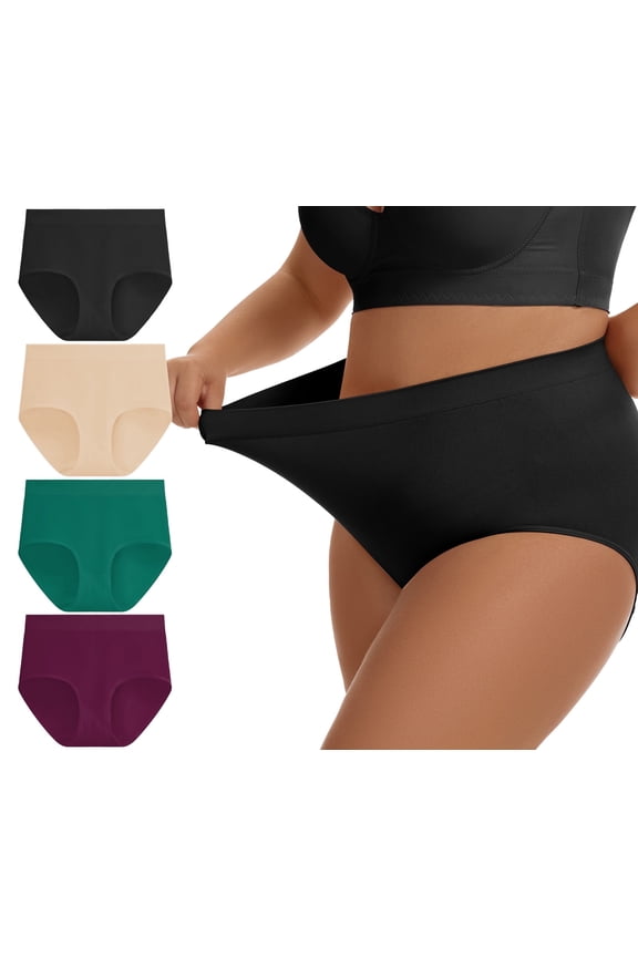 Plus Size S-4XL High Waisted Briefs for Women Plus Size Ladies Underwear Stretch Full Coverage Panties 4 Pack