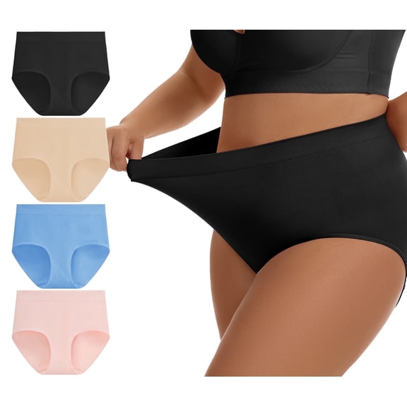 Plus Size L-4XL High Waisted Briefs for Women Plus Size Ladies Underwear Stretch Full Coverage Panties 4 Pack
