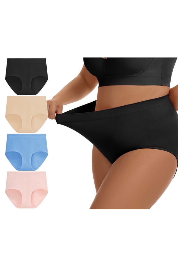 Plus Size S-4XL High Waisted Briefs for Women Plus Size Ladies Underwear Stretch Full Coverage Panties 4 Pack
