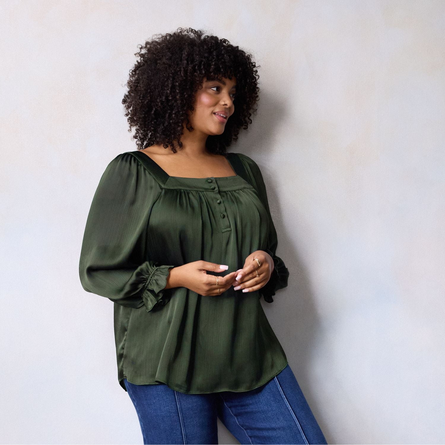 Plus Size LC Lauren Conrad Henley Puff Sleeve Peasant Top Color Garland Pine Size 0X Walmart