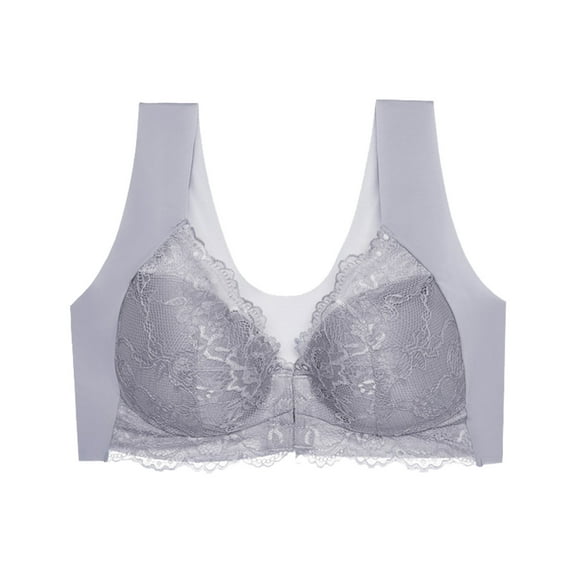 Plus Size Lace Bralette Front Closure Seamless Gathered Wireless Thin Comfortable Back Underwear for Everyday Wear and Relaxation #Gray,M