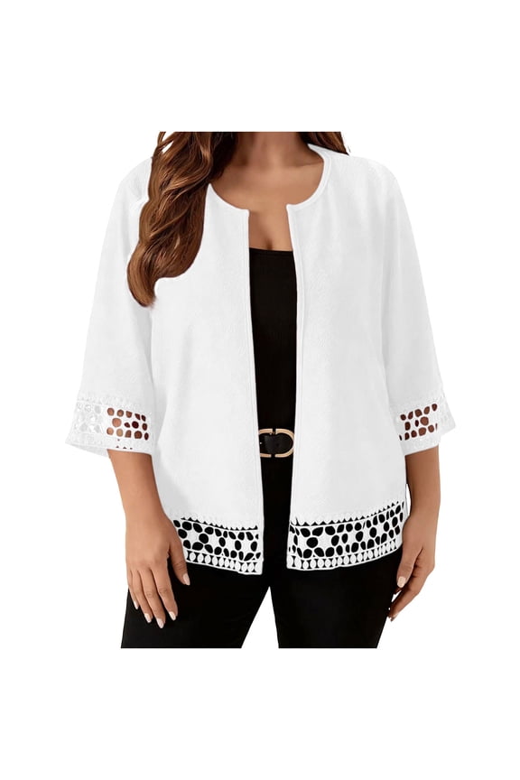 Plus Size Lace Cardigans for Women Open Front 3/4 Sleeve Crew Neck Lightweight Cardigan Elegant Bolero Short Shrugs