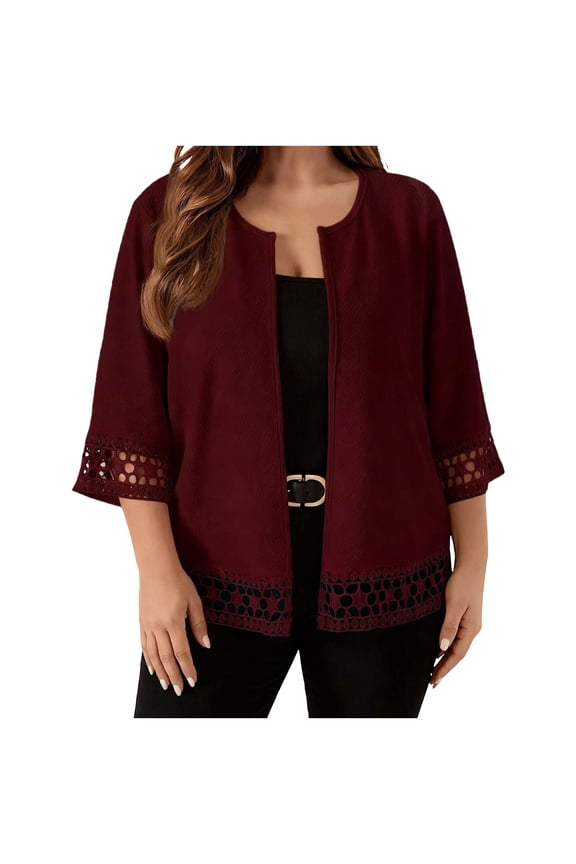 Plus Size Lace Cardigans for Women Open Front 3/4 Sleeve Crew Neck Lightweight Cardigan Elegant Bolero Short Shrugs