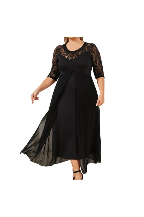 Plus Size Lace Chiffon Wedding Guest Dresses, Half Sleeve Women Formal Cocktail Party A-Line Flowy Long Dress Black 5XL