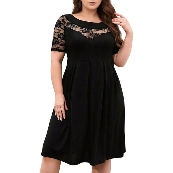 Plus Size Lace Chiffon Wrap Crew Neck Dresses Women Cocktail Wedding Guest Midi Dress Black XL