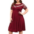 thumbnail image 1 of Plus Size Lace Chiffon Wrap Crew Neck Dresses Women Cocktail Wedding Guest Midi Dress Wine Red XL, 1 of 7