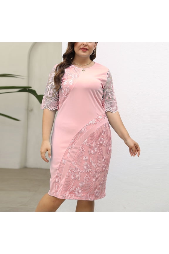 Plus Size Lace Dress, Women's Elegant Half Sleeve Patchwork Lace Dress for Evening, Date Night