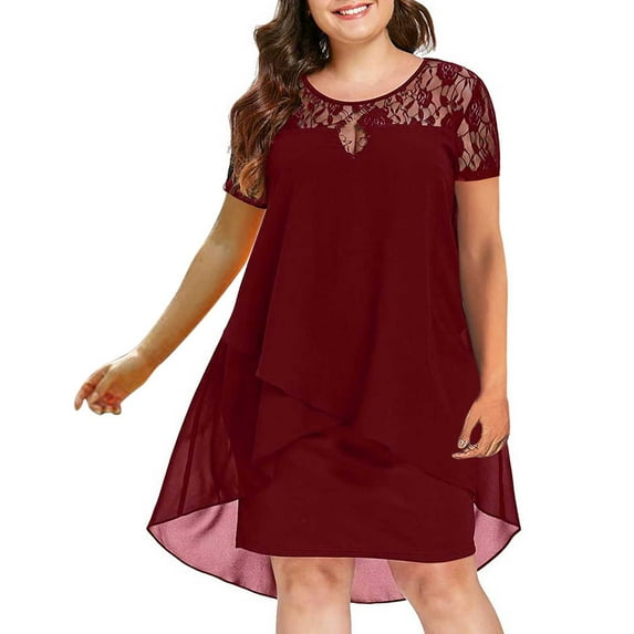 Plus Size Lace Dresses for Women Lace Short Sleeve Crewneck Elegant Mini Dress Swing High Low Hem Sheer Layered Loose Sundress