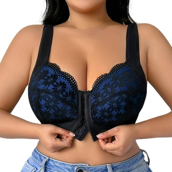 Plus Size Lace Embroidered Front Closure Bra Wireless Comfortable Breathable Supportive Everyday Wear for Women