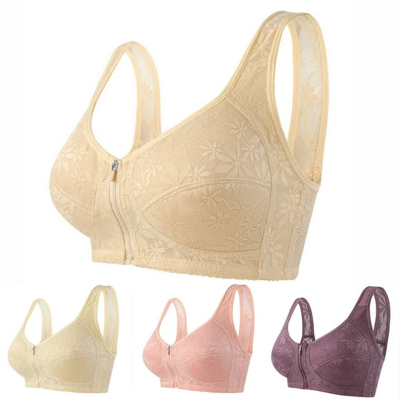 Plus Size Lace Front Zipper Bra Breathable Comfort Underwire Wide Shoulder Straps Sports Yoga Sleepwear Women's Solid Color Lingerie Beige,40/90