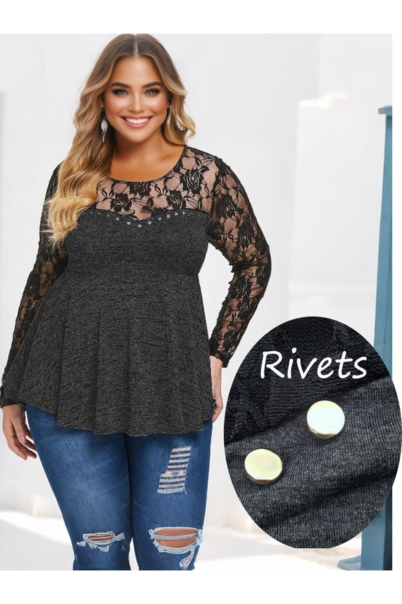 Plus Size Lace Patchwork Tunic Top with Rivet Detail,Long Sleeve Flowy Peplum Blouse for Women, Elegant Casual Wear for Fall, Work, or Evenings Out