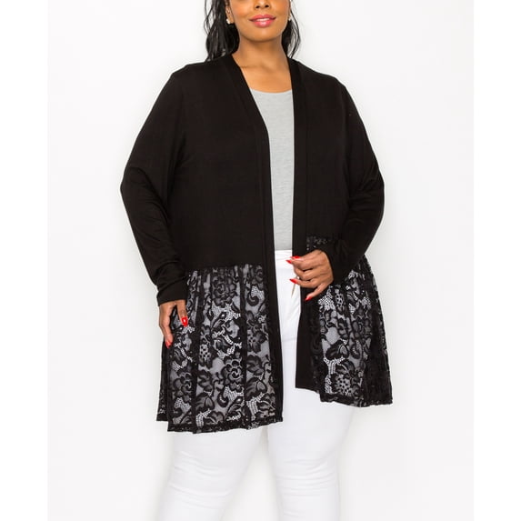 Plus Size Lace Peplum Cardigan Duster Knit Top Black 1X