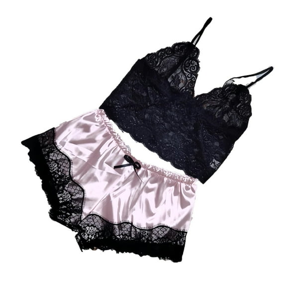 Plus Size Lace Pajama Sets Sleeveless V-Neck Pajamas Suits Loungewear Women Summer Casual Daily Leisure Shorts Sets Pink M