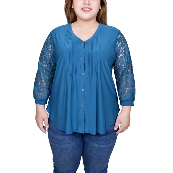 Plus Size Lace-Sleeve V Neck Top