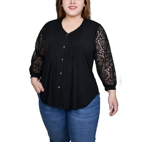 Plus Size Lace-Sleeve V Neck Top
