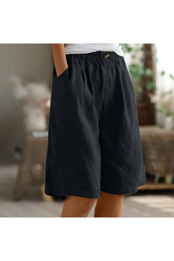 Plus Size Ladies Bermuda Shorts Womens Cotton Linen Bermuda Shorts Womens Summer Shorts Women's Half Shorts Pants Summer Elastic Waist Buttons Casual Linen Pockets Pants