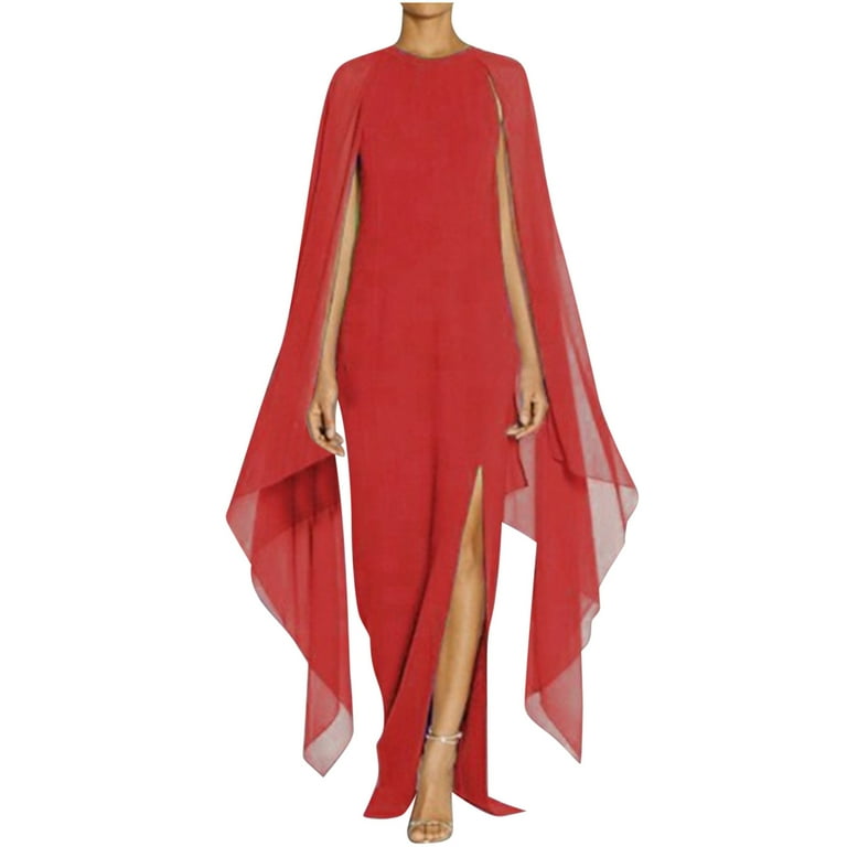 Cape sleeve high slit plain chiffon maxi dress best sale