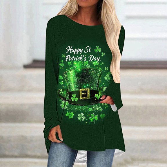 Plus Size Ladies' St. Patrick's Day Printed Pullover Raglan Sleeves Long Sleeve Round Neck Shirt