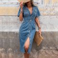 thumbnail image 1 of Plus Size Lapel Button Down Denim Midi Dress Short Sleeve High Waist Split Dress for Spring Summer Daily Dating, 1 of 8