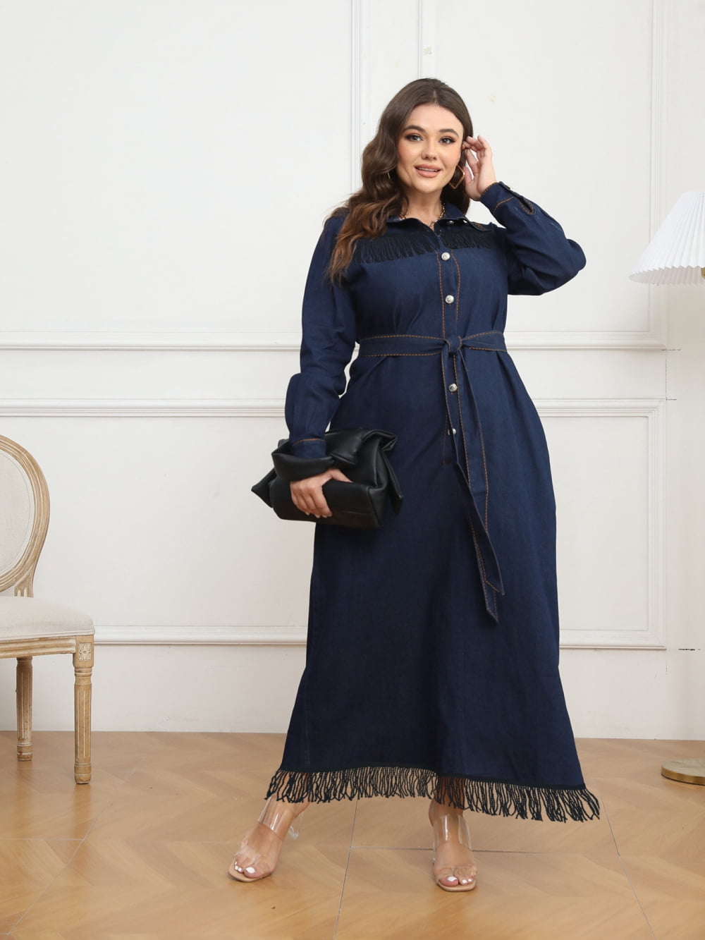 denim fringe dress plus size San-J Plus Size Lapel Long Sleeve Fringe Denim Dress, Front Open Tie Waist Dress for Daily & Outdoor, Adult Unisex, Size: 2XL, Black