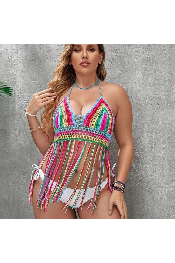 Plus Size Large Size Women's Beach Top Pure Hand Hooked Tassel Splicing Knot Hollow out Separate Colorful T-Shirt Chinese Brand