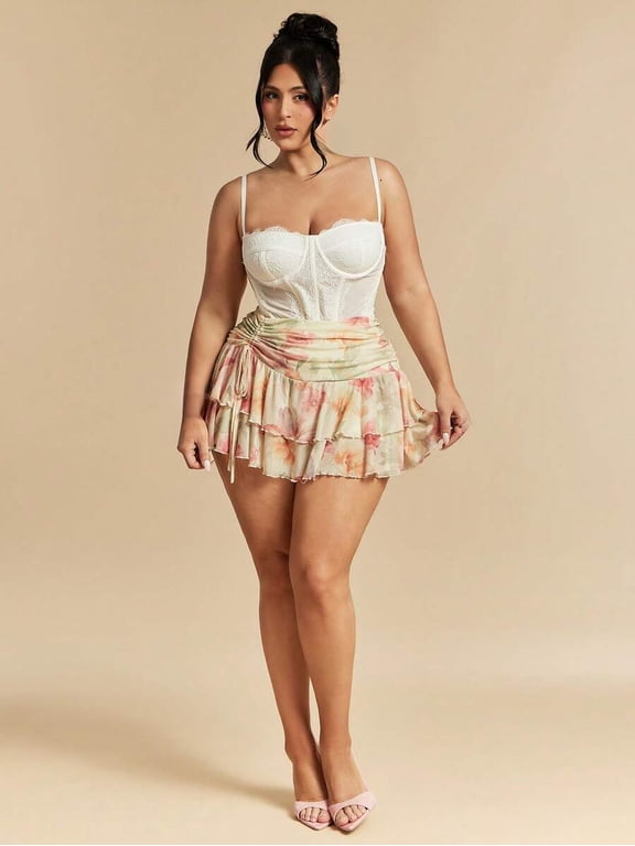 Plus Size Layered Ruffle Hem Mini Skirt, Low Waist Boho Holiday Vacation Wedding Guest Summer Beach Skirt for Women