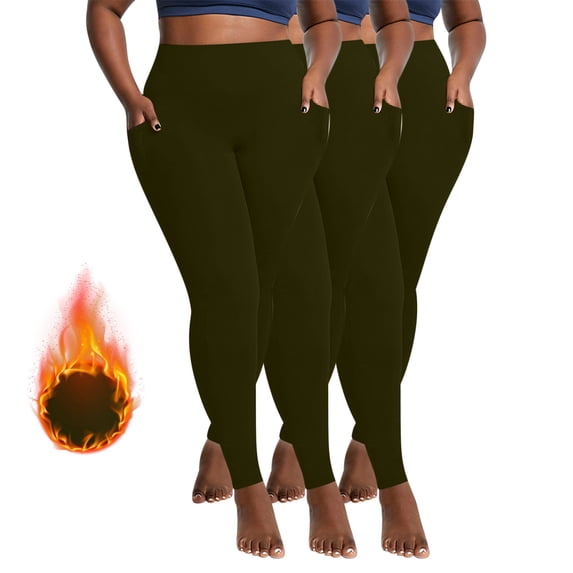 Plus Size Leggings for Women with Pockets,Quick Dry Yoga Pants Stretchy Warm Plush Winter Workout Bottom 3 Pack
