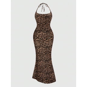 Plus Size Leopard Print Backless Halter Fishtail Dress