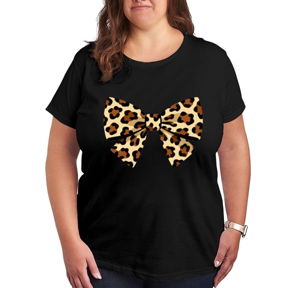 Plus Size Leopard Print Bow Graphic Women Tshirt Oversized Tees Short Sleeve Casual Tee Trendy T-shirt