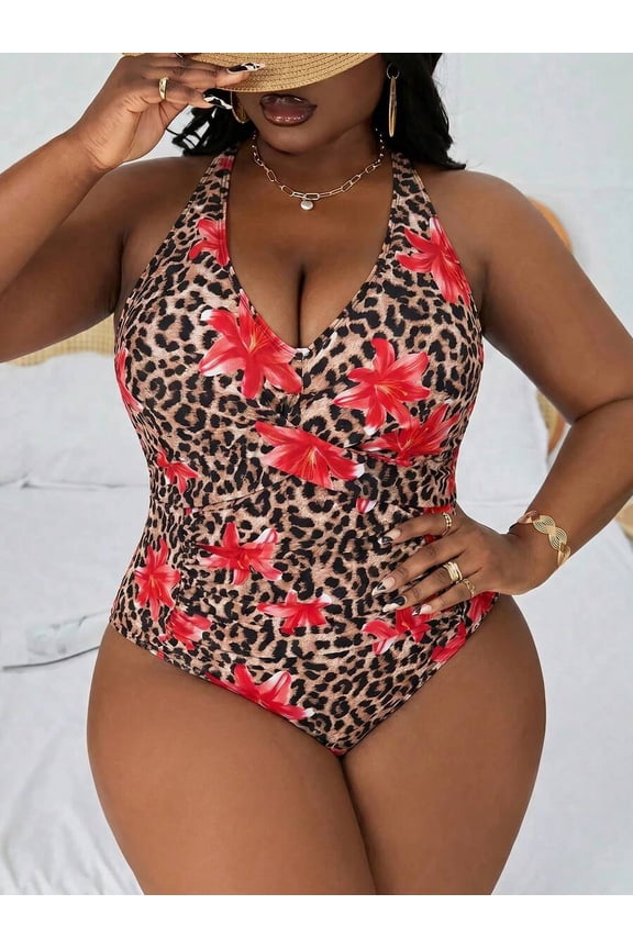 Plus Size Leopard Print Floral One-Piece Swimsuit With Red Lilies, Halter Neck, Ruched Front