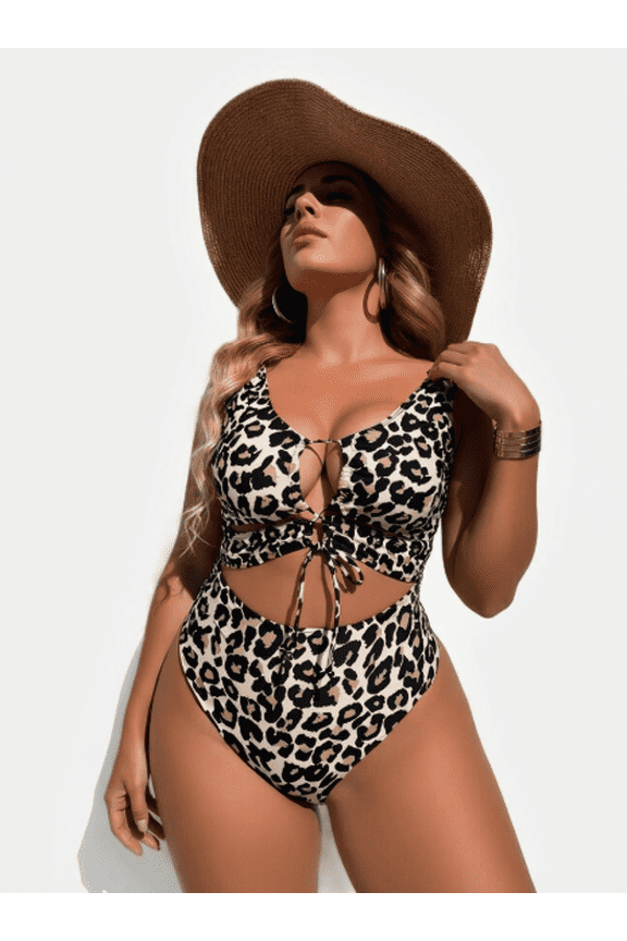 Plus Size Leopard Print One Piece Swimsuit Cutout with Tie Detail