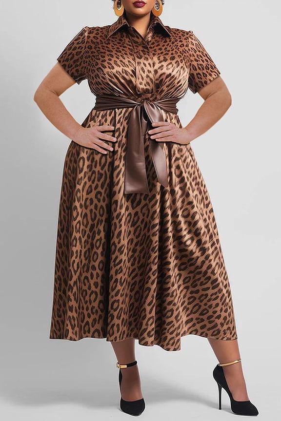 Plus Size Leopard Print Satin Shirt Dress, Collared Short Sleeve Belted A-Line Flare Midi Casual Semi-Formal Dress