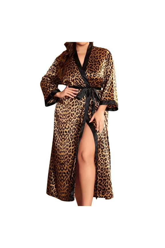 Plus Size Leopard Slik Robe for Women Long Satin Bathrobe Kimonos Sleepwear Dressing Gown with Belt