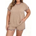 thumbnail image 1 of Plus Size Lepard Print Patchwork Women Short Sleeved 2 Pieces Ribbed Tops and Shorts Sets Outfit, 1 of 6