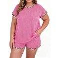thumbnail image 1 of Plus Size Lepard Print Patchwork Women Short Sleeved 2 Pieces Ribbed Tops and Shorts Sets Outfit, 1 of 6