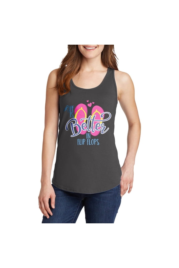 Plus Size Life is Better In Flops Graphic Design Ladies Big Size Port & Company Core Cotton Tank Top T-Shirt - Charcoal 3XL