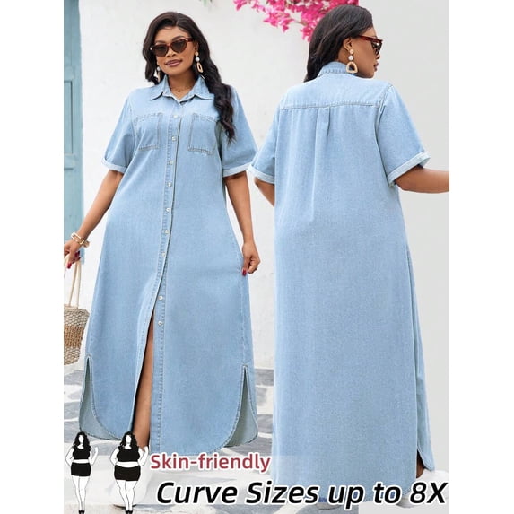 Plus Size Light Wash Denim Shirt Dress Women Front Button Short Sleeve