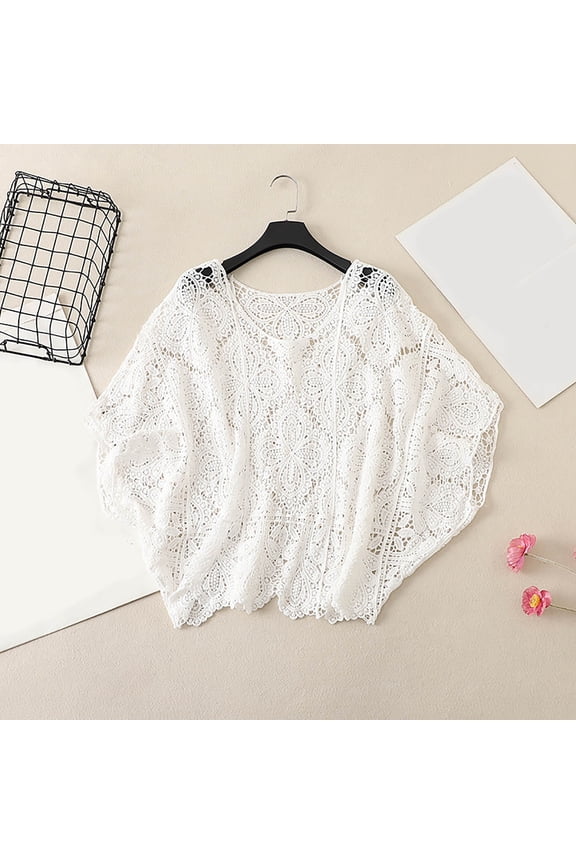 Plus Size Lightweight Crochet Cardigan for Women Short Sleeve Summer Boho Open Front Knitted Cardigans Beach Swimwear Cover Up for Lady Vacation(White,One Size)