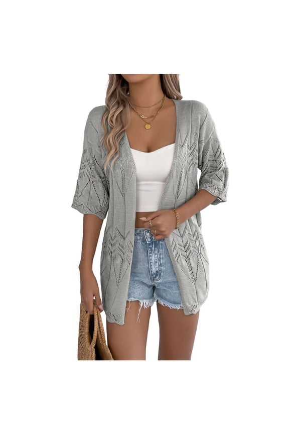 Plus Size Lightweight Crochet Cardigan for Women Short Sleeve Summer Kimonos Boho Open Front Knitted Cardigans Gray L(L)