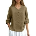 thumbnail image 1 of Plus Size Linen Blend Mid Sleeve Embroidered V Neck Top For Summer, 1 of 2