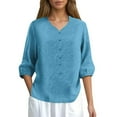 thumbnail image 1 of Plus Size Linen Blend Mid Sleeve Embroidered V Neck Top For Summer, 1 of 2