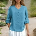 thumbnail image 1 of Plus Size Linen Blend Mid Sleeve Embroidered V Neck Top For Summer Tunic Tee Shirts for Women Tunics Womens plus 3x Big Womens Blouses plus Size Lingerie for plus Size New Shirts for plus Size Women, 1 of 3