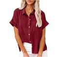 thumbnail image 1 of Plus Size Linen Button Down Shirt for Women Plain Work Blouse Collared V Neck Short Sleeve Summer Tops with Pocket, 1 of 4