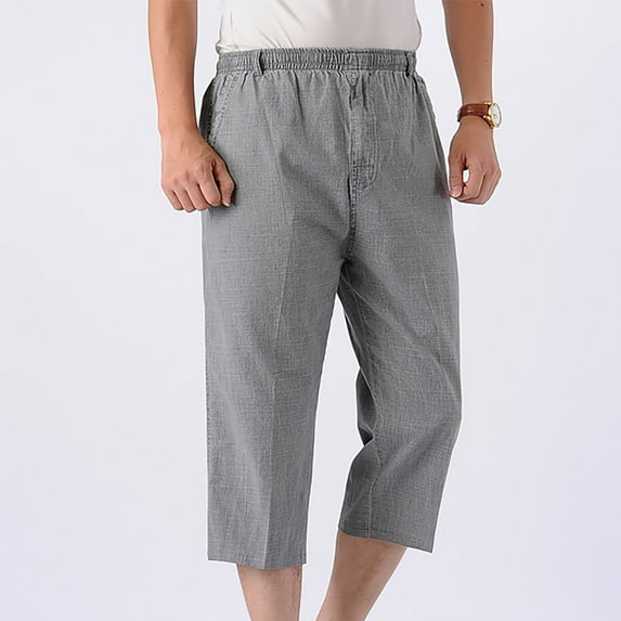 Plus Size Linen Capri Pant for Men Summer Below Knee Casual Shorts Elastic Waist Lounge Pants