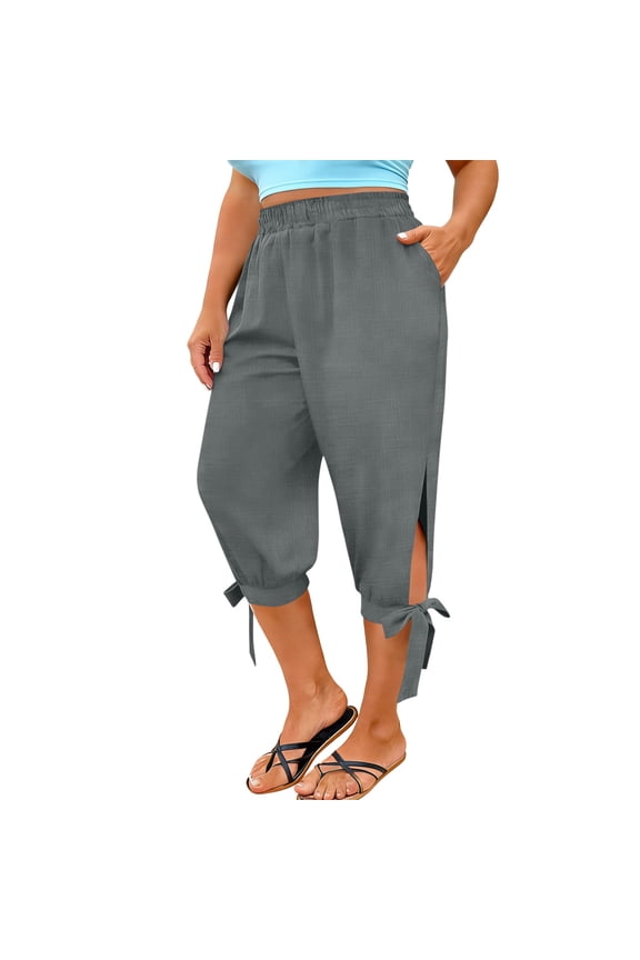 Plus Size Linen Capris For Women Summer Elastic High Waisted Tapered Harem Joggers Trendy Side Slit Cropped Pants With Pockets Gray