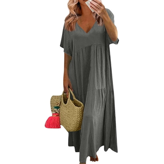 Plus Size Linen Dress Women Summer Short Sleeve V Neck Plus Size Maxi Dress Casual Flowy Loose Long Vacation Beach Dresses