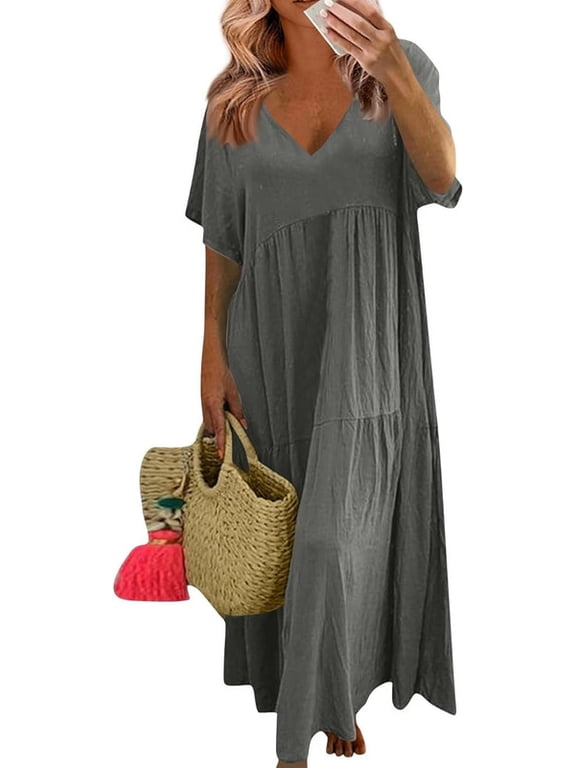 Plus Size Linen Dress Women Summer Short Sleeve V Neck Plus Size Maxi Dress Casual Flowy Loose Long Vacation Beach Dresses
